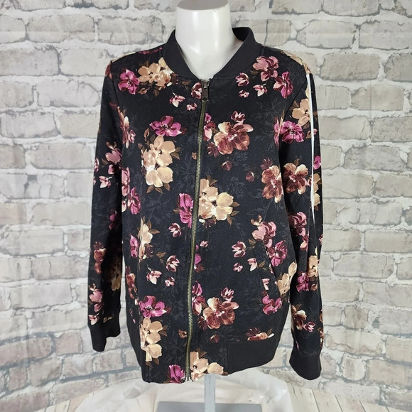 Torrid Zip Front Bomber Jacket Floral Rayon Blend Black Pink Size 1 - Picture 3 of 13